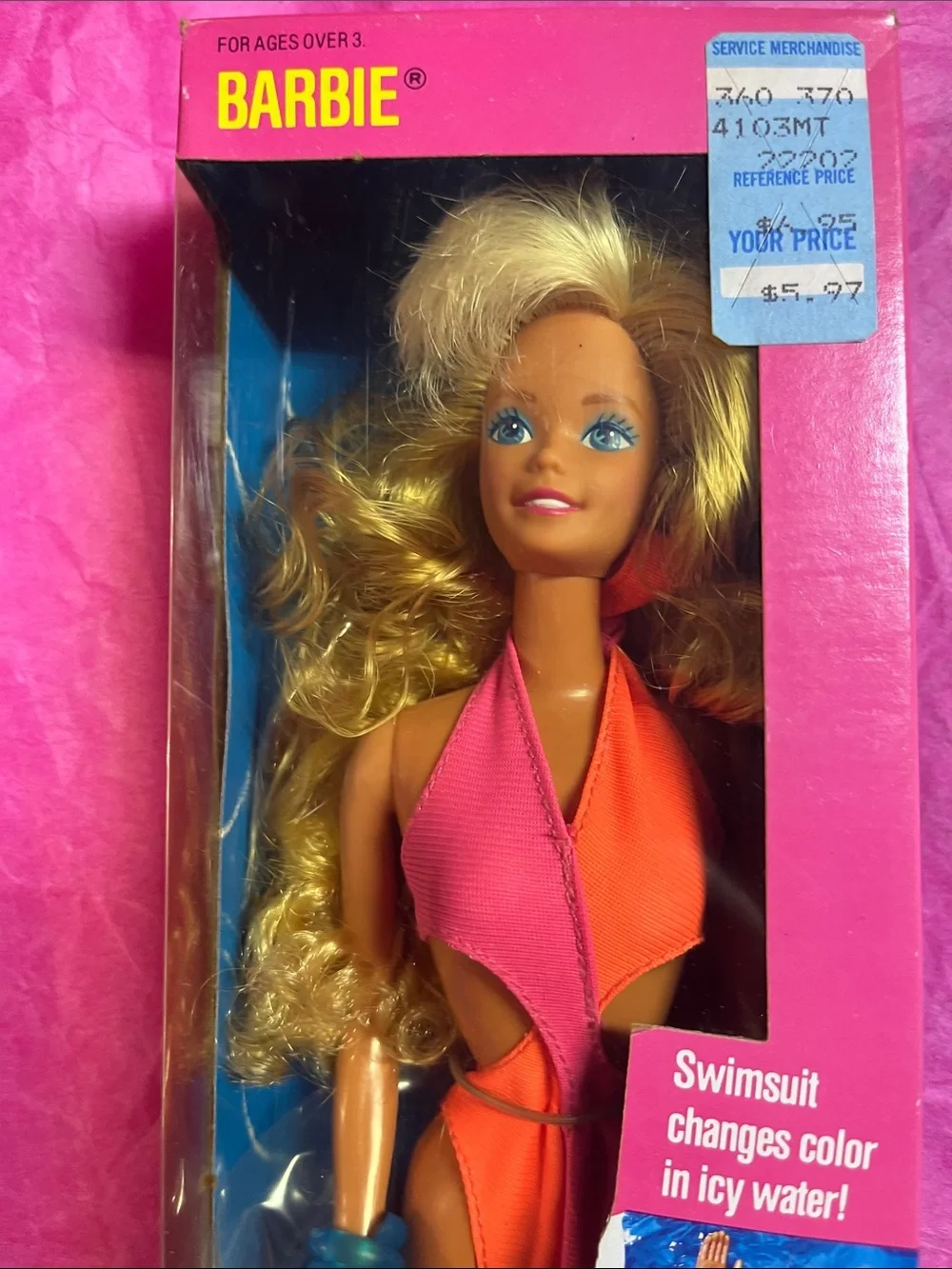 vintage 1989 Mattel Wet 'n Wild Barbie doll Pink & Orange Swimsuit NRFB